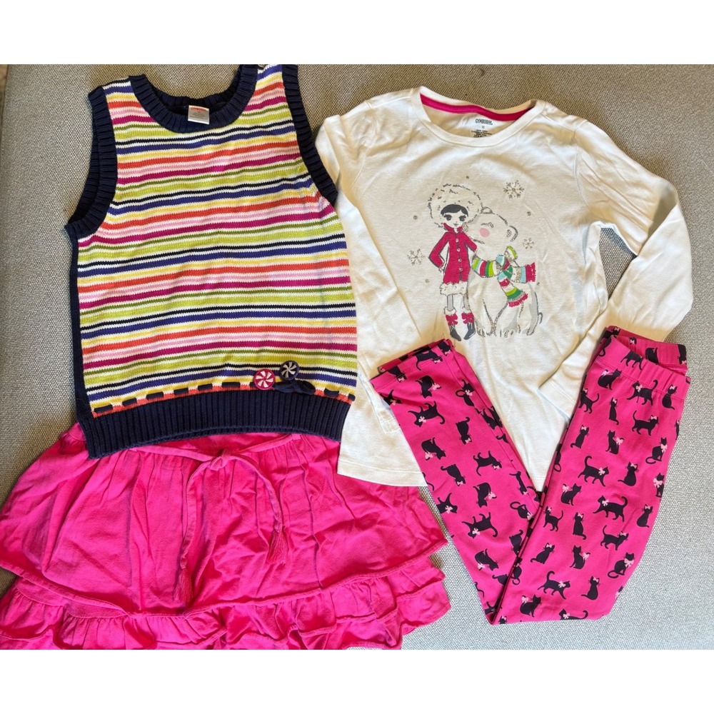 Gymboree Girls 4 Piece Lot Size 10 Striped Vest Cat Leggings Ruffle Skirt Tee